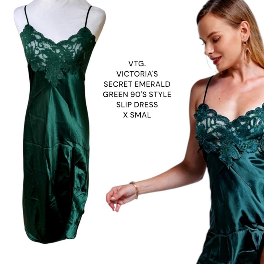 VINTAGE VICTORIA'S SECRET 90'S Y2K EMERALD‎ JEWEL TONE SLIP MIDI DRESS X SMALL